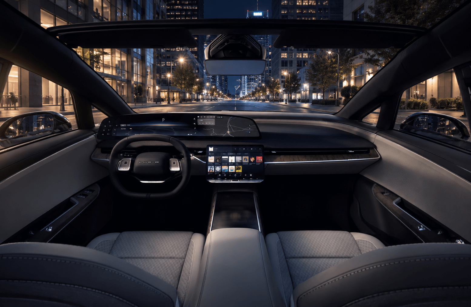 Lucid interior at night on a city street